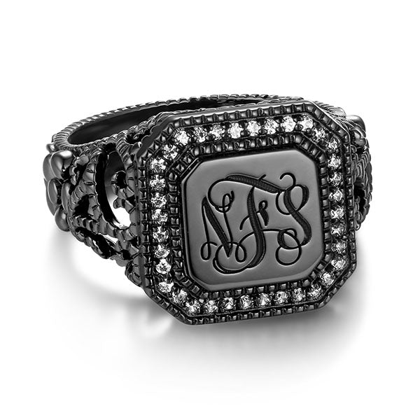 Personalized Vine Pattern Square Monogram Ring