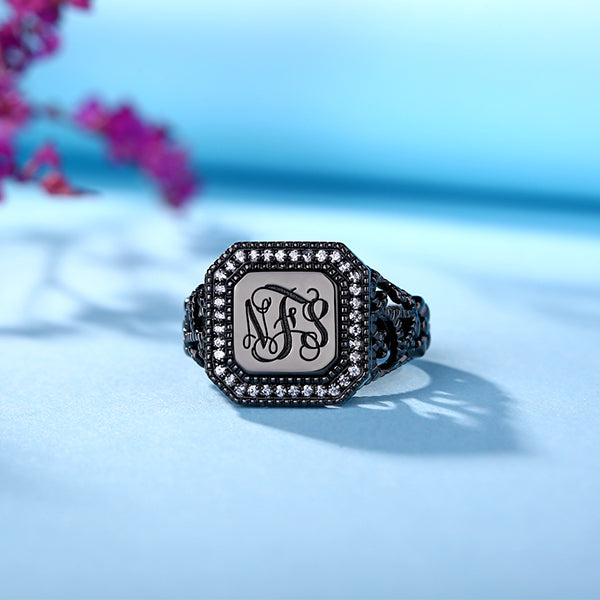 Personalized Vine Pattern Square Monogram Ring