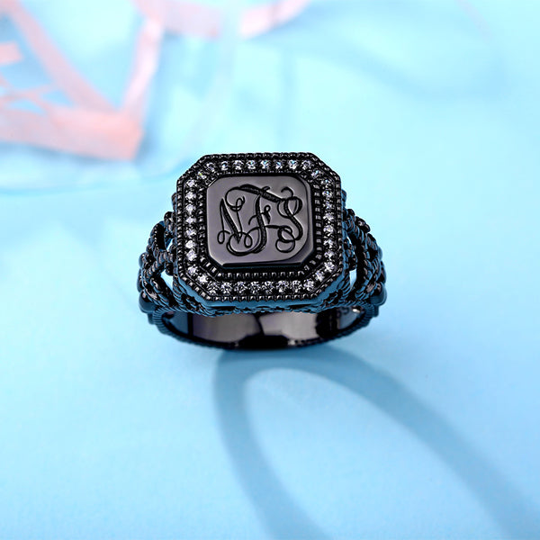 Personalized Vine Pattern Square Monogram Ring