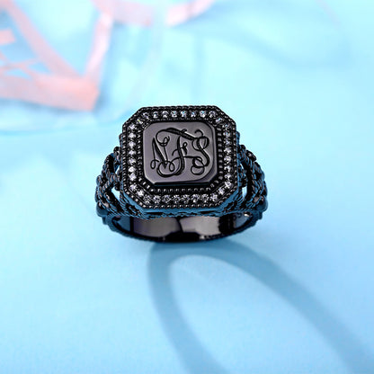 Personalized Vine Pattern Square Monogram Ring