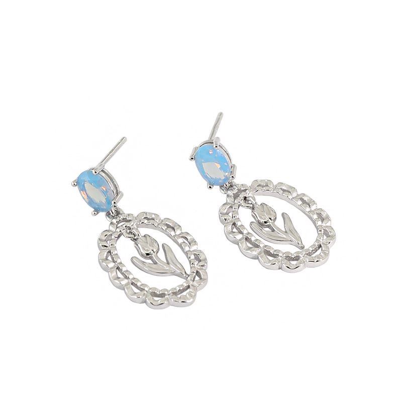 Elegant Blue CZ Tulips Flower 925 Sterling Silver Dangling Earrings