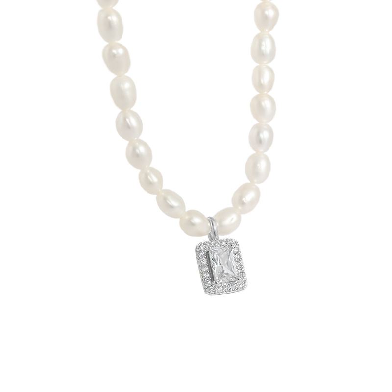 Elegant Natural Pearl Rectangle CZ 925 Sterling Silver Necklace