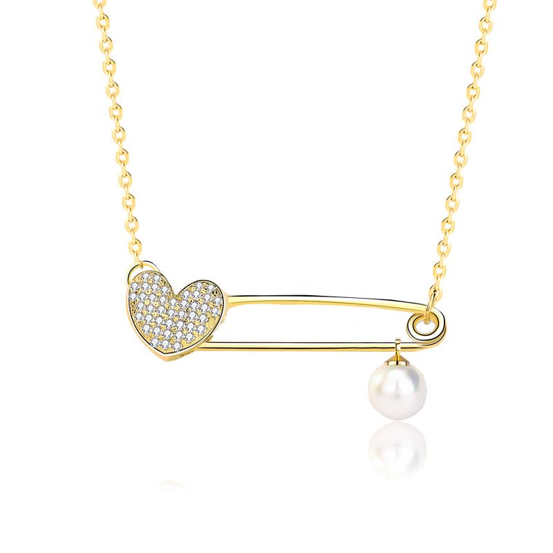 Not CZ Heart Clip Natural Pearl 925 Sterling Silver Necklace