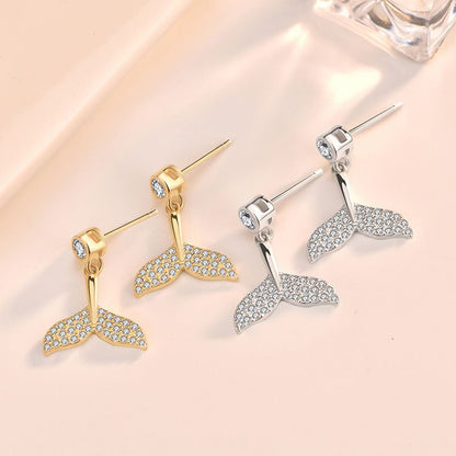 Girl CZ Fish Tail Animal 925 Sterling Silver Dangling Earrings