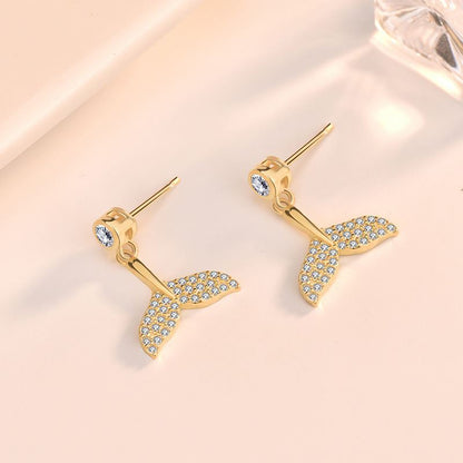 Girl CZ Fish Tail Animal 925 Sterling Silver Dangling Earrings