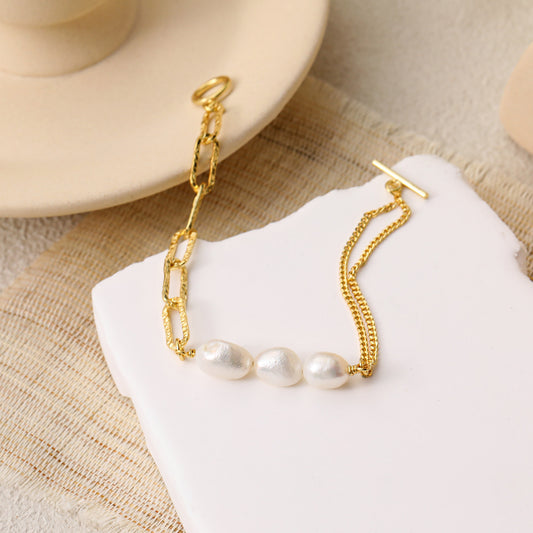 Asymmetry Hollow Chain Baroque Natural Pearl 925 Sterling Silver Bracelet