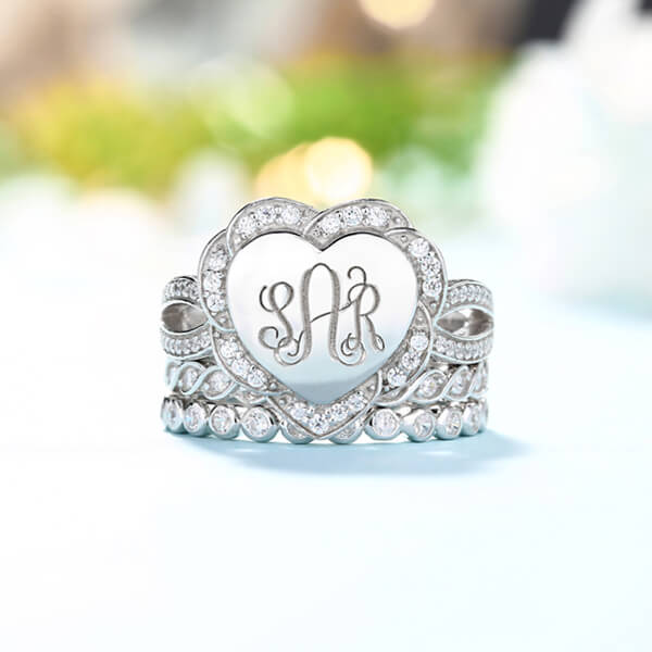 Engraved Heart Shape Stackable Monogram Ring